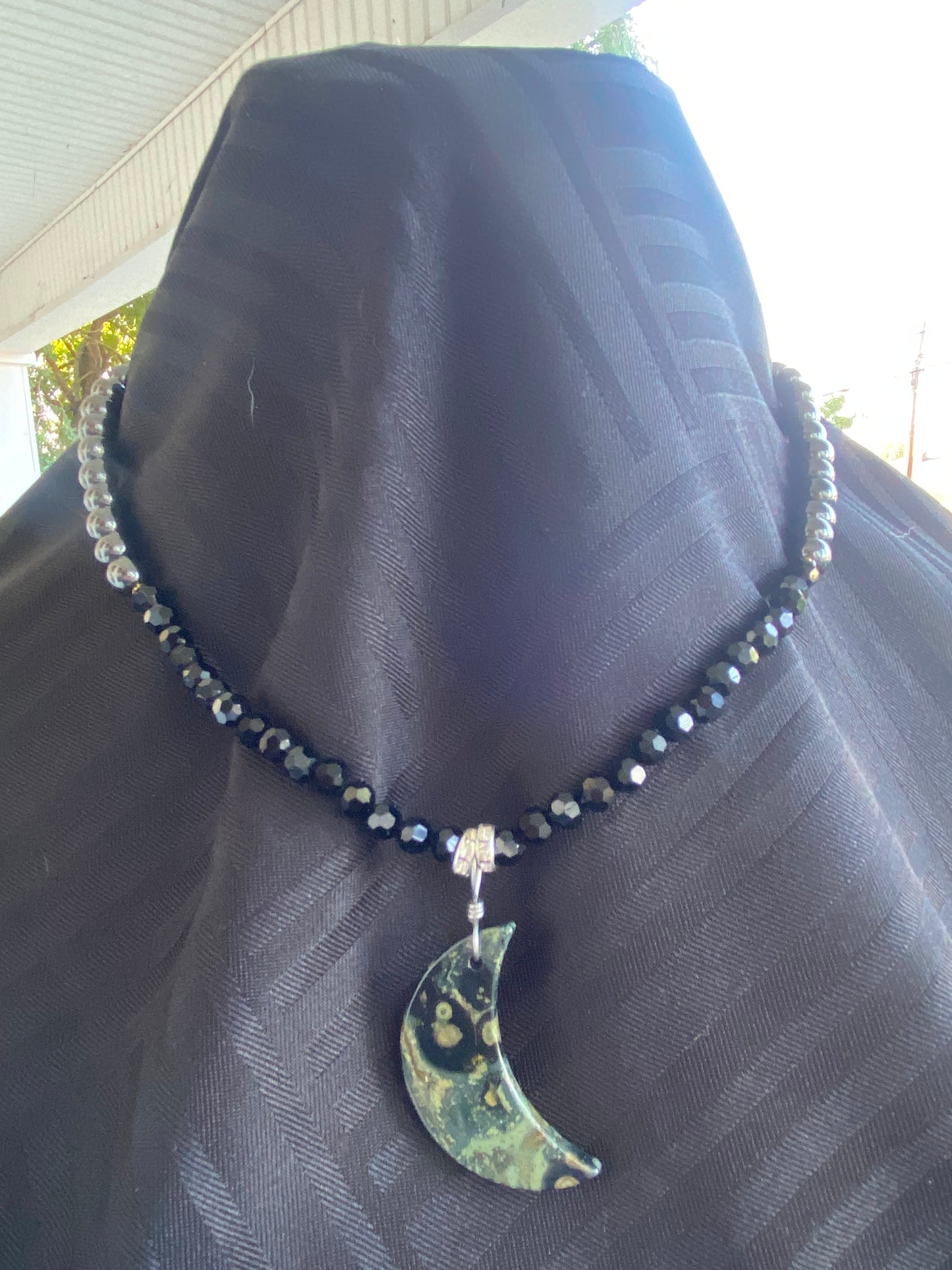 Lunar Shield – Hematite & Kambaba Jasper Moon Necklace for Protection + Grounding