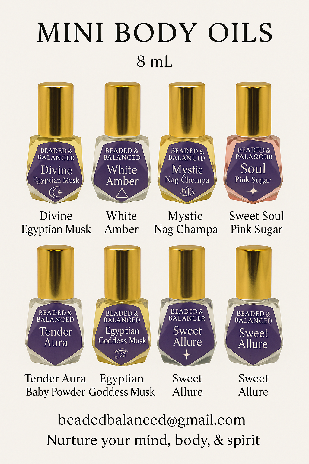 ✨ Mini Ritual Body Oils – 8mL Polygonal Bottle | Sweet Soul Pink Sugar & Tender Aura Baby Powder