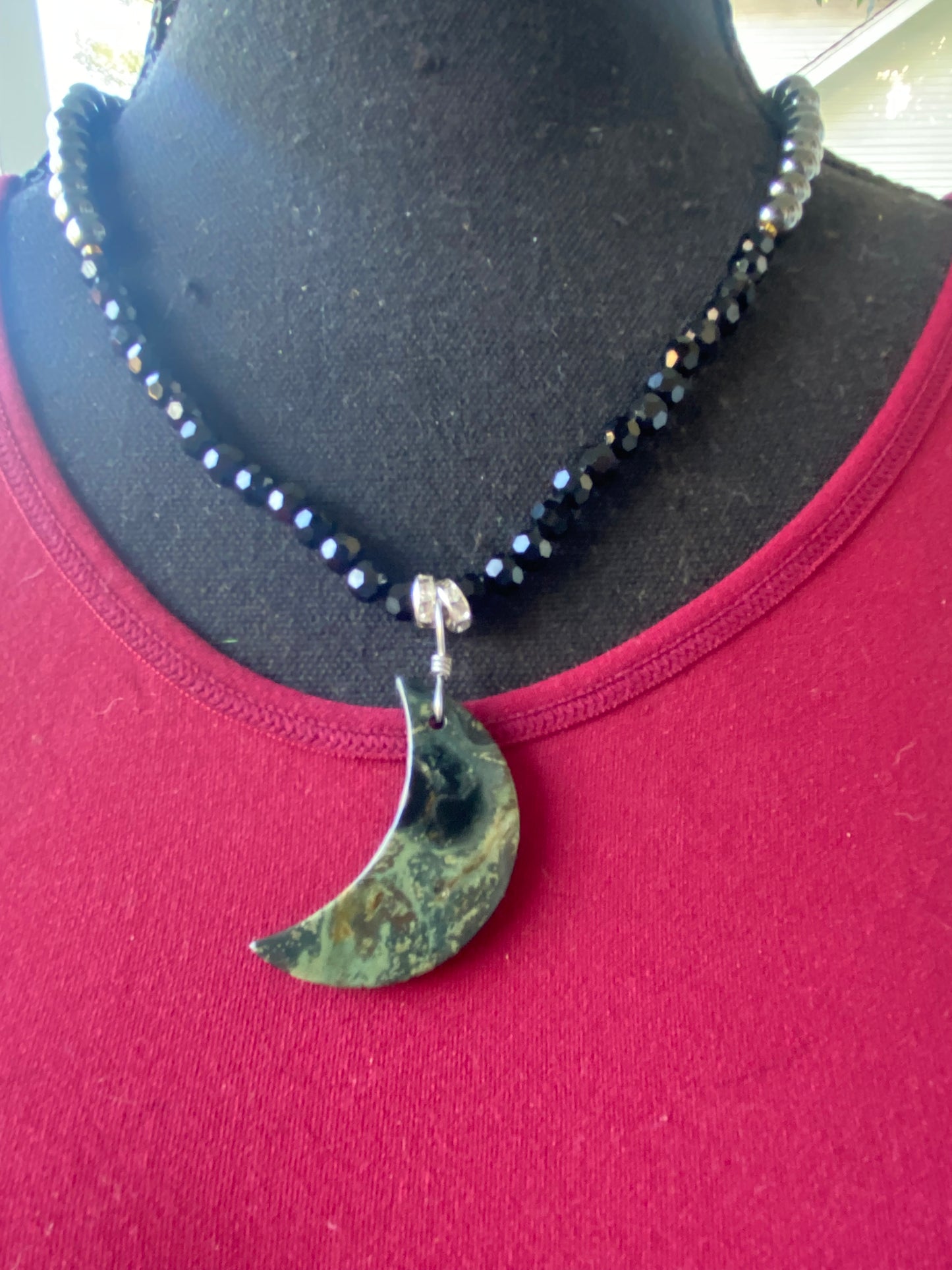 Lunar Shield – Hematite & Kambaba Jasper Moon Necklace for Protection + Grounding