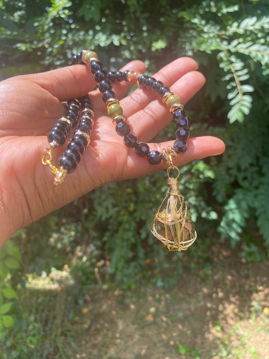 Wire-Wrapped Unakite & Black Agate Protection Necklace – Grounding, Heart Healing & Energy Shield