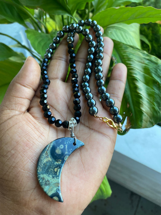 Lunar Shield – Hematite & Kambaba Jasper Moon Necklace for Protection + Grounding