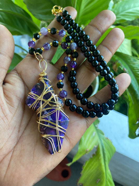Amethyst Power Wire Wrapped Pendant – Handmade Black Gemstone & Amethyst Necklace for Protection + Healing